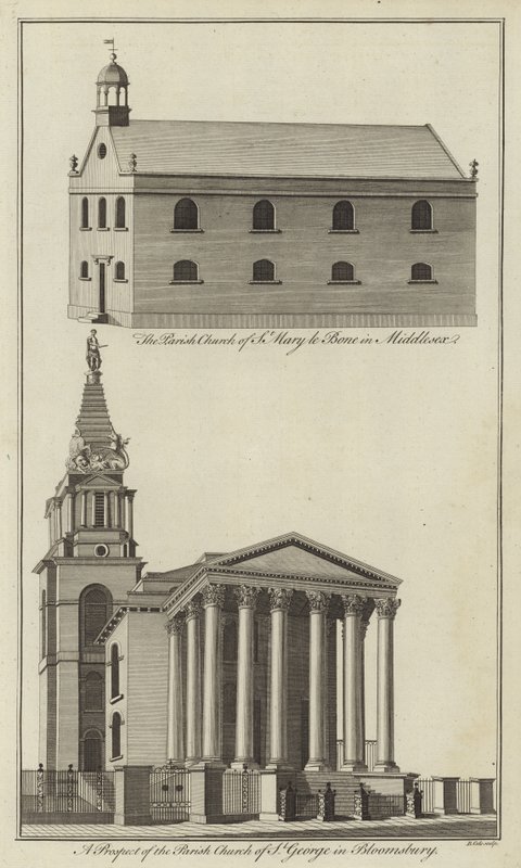 Church of St Marylebone i Middlesex och Church of St George i Bloomsbury, London av English School