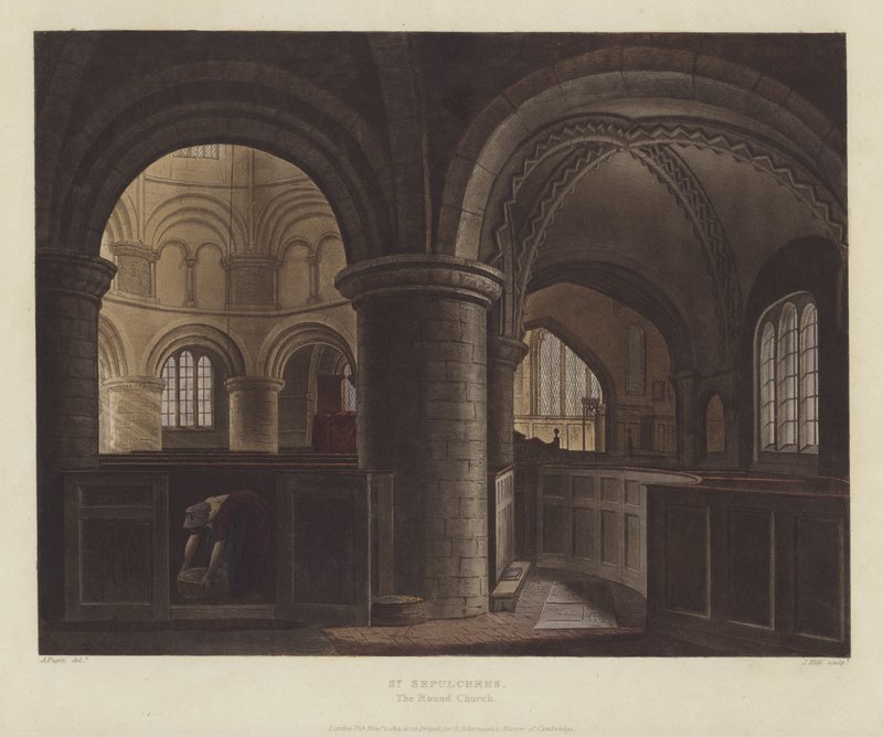 Church of the Holy Sepulcher (Rundkyrkan), Cambridge (färgad gravyr) av English School