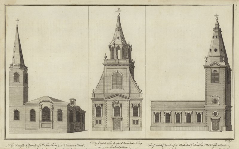 Churches of St Swithin, Cannon Street, St Edmund the King, Lombard Street och St Nicholas Cole Abbey, Old Fish Street av English School