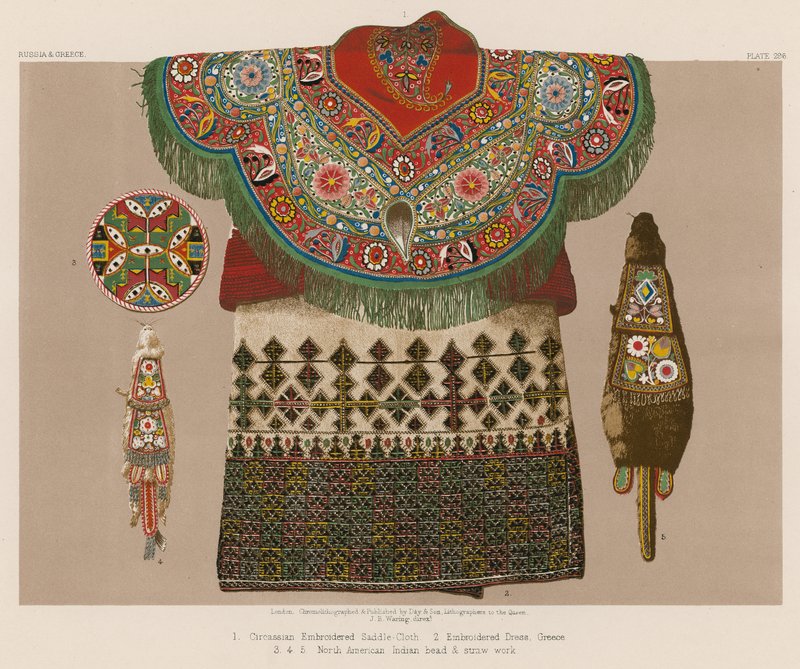 Circassian broderad sadelduk; Broderad klänning, Grekland; North American Indian pärl- och halmarbete av English School