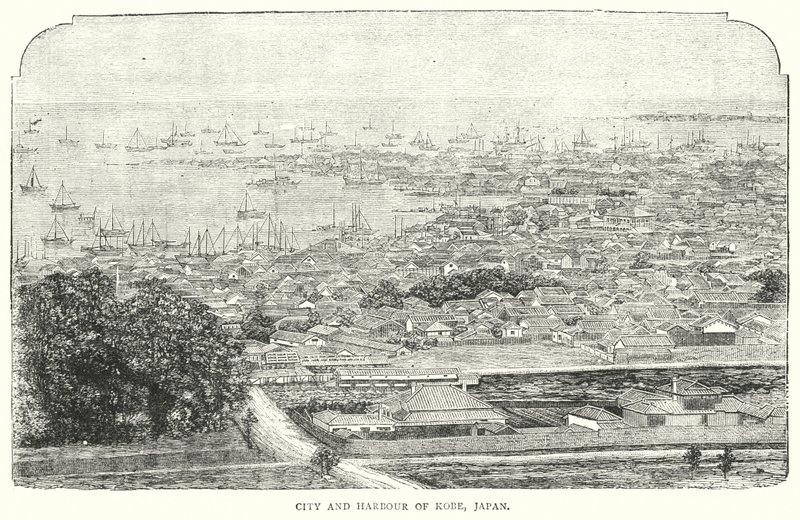 Stad och hamn i Kobe, Japan (gravyr) av English School