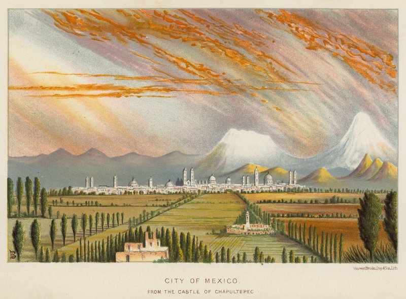 Staden Mexiko, från slottet Chapultepec (färg litho) av English School