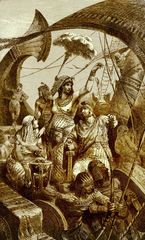 Cleopatra vid slaget vid Actium, illustration från The Illustrated History of the World, publicerad c.1880 (digitalt förbättrad bild) Cleopatra VII (69-30 f.Kr.), sista farao i det antika Egypten; Strid o av English School