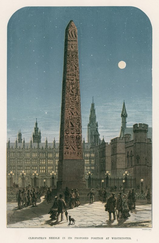 Cleopatras Needle i sin föreslagna position i Westminster av English School
