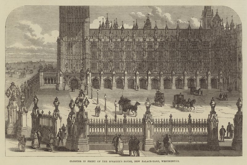 Kloster framför talmanshuset, New Palace-Yard, Westminster (gravyr) av English School