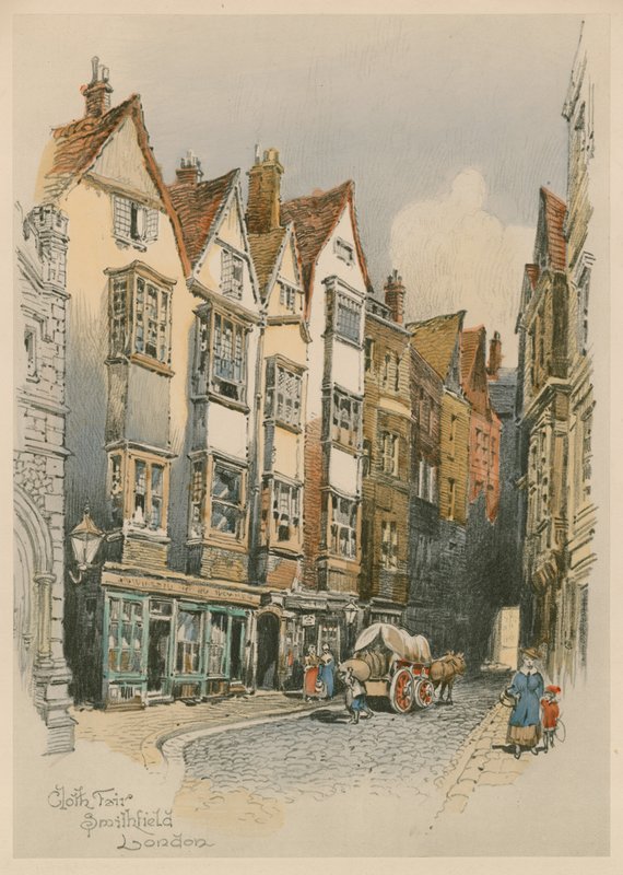 Cloth Fair, Smithfield, London, akvarellskiss (wc på papper) av English School