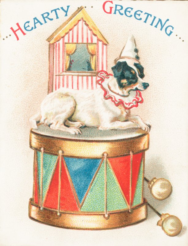 Clownhund på leksakstrumma, julkort av English School