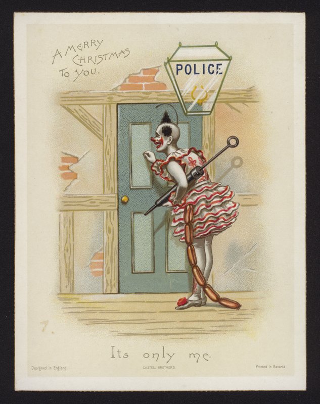 Clown knackar på dörren till en polisstation (chromolitho) av English School