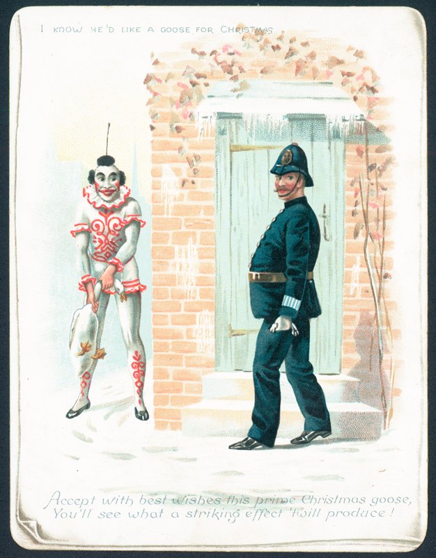 Clown som väntar på polis med gås, julkort av English School