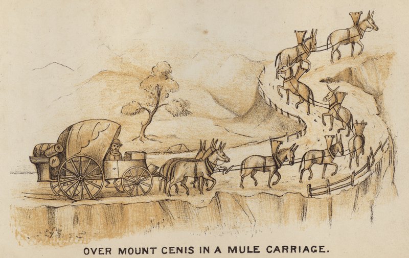 Coacher och coachning: Över Mount Cenis i en mulevagn (litografi) av English School