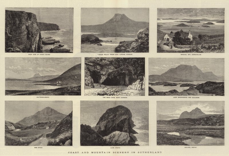 Kust- och bergslandskap i Sutherland (gravyr) av English School