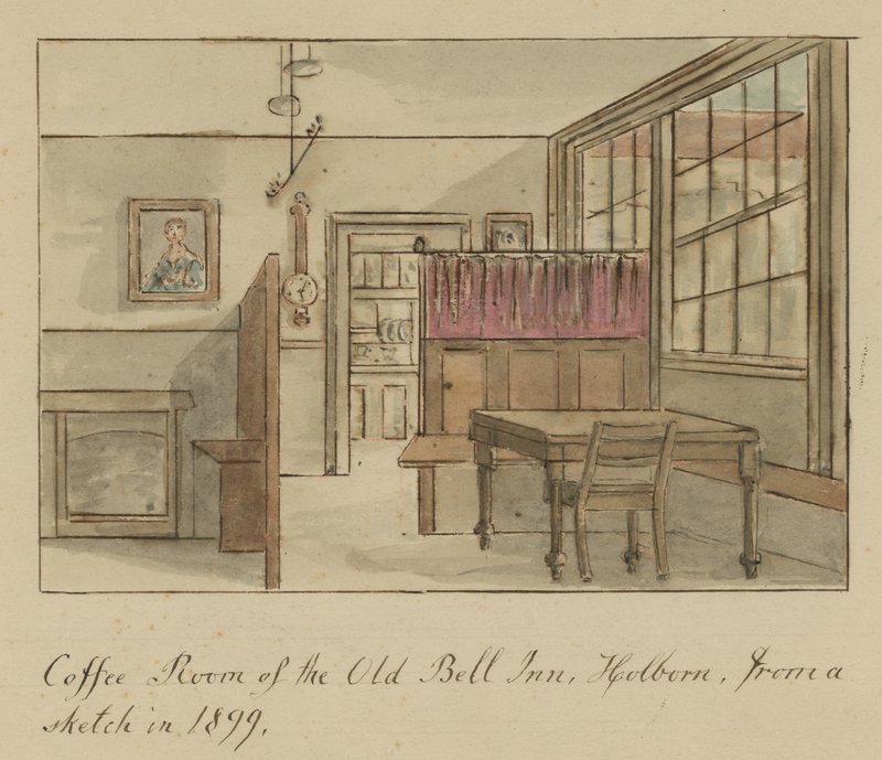 Kafferum på Old Bell Inn, Holborn, London, från en skiss 1899 (wc på papper) av English School