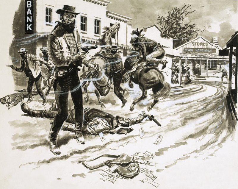 Cole Younger, en medlem av Jesse James Gang, i en skottlossning av English School
