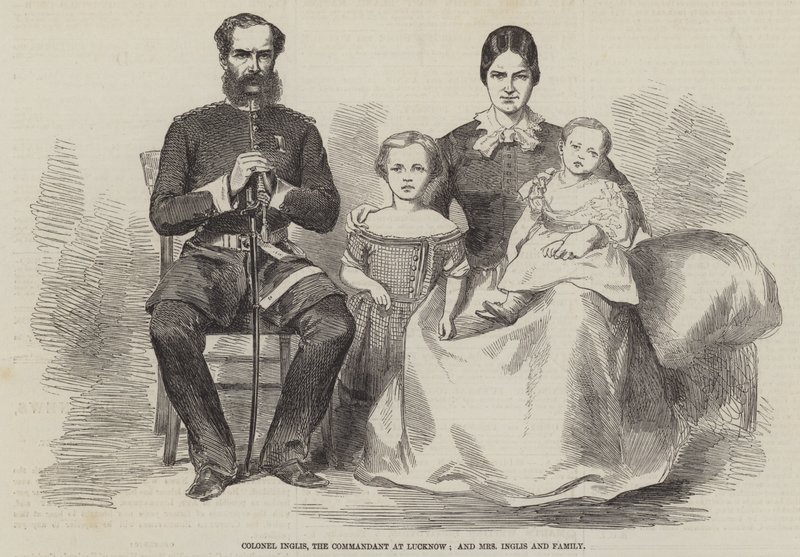 Överste Inglis, kommendanten i Lucknow, och fru Inglis med familj (gravyr) av English School