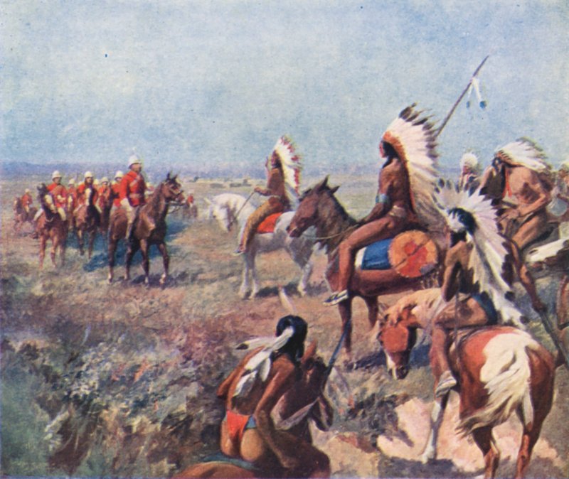 Överste Macleod, från Royal North-West Mounted Police, behandlar indianer vid Fort Macleod (färglitografi) av English School