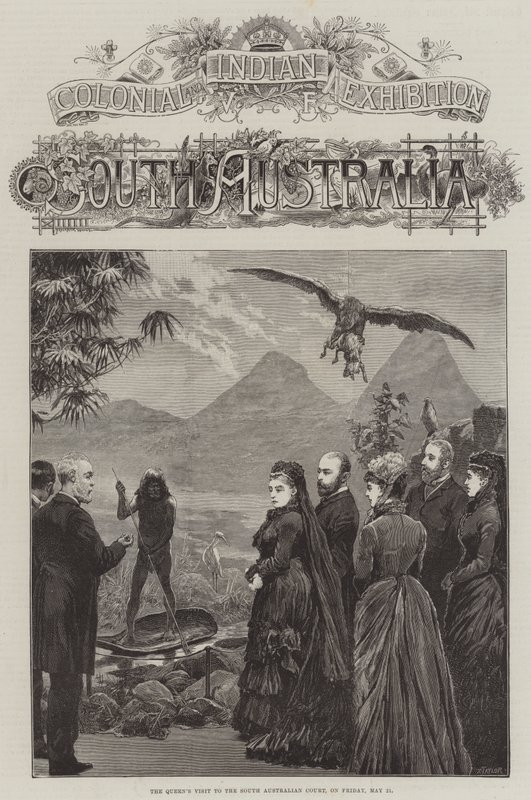 Colonial and Indian Exhibition, South Australia, drottningens besök vid South Australian Court, fredagen den 21 maj (gravyr) av English School