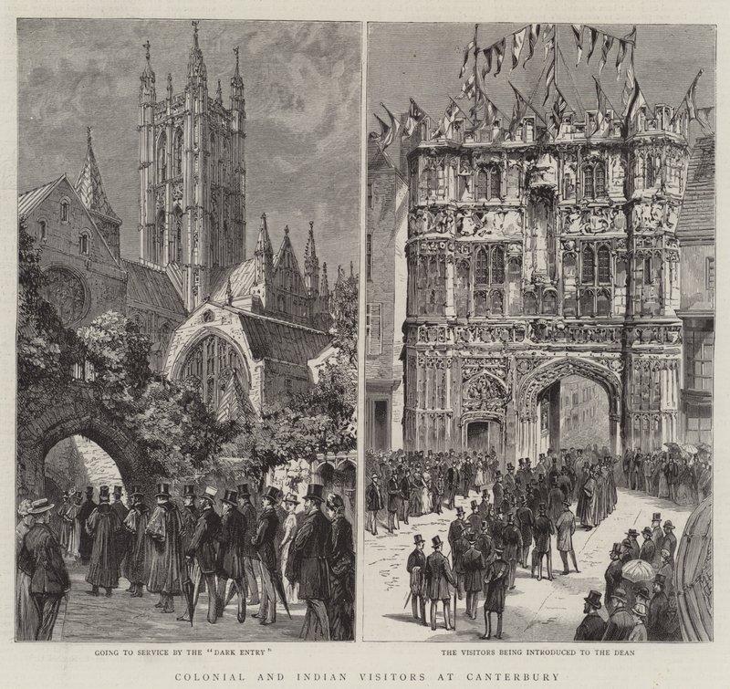 Koloniala och indiska besökare vid Canterbury (gravyr) av English School