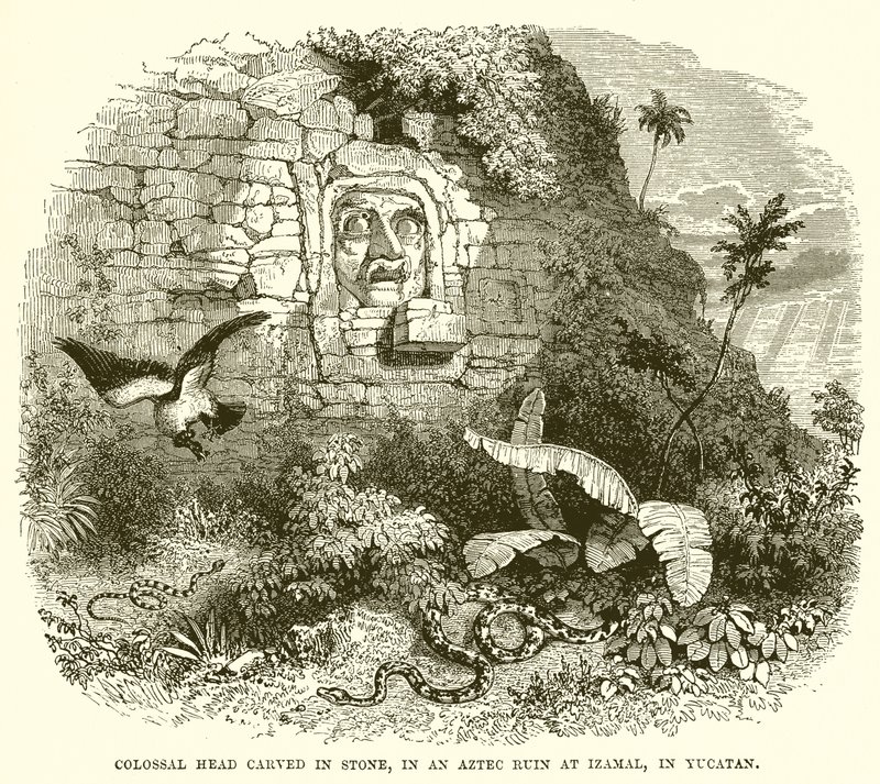 Kolossalt huvud hugget i sten, i en aztekisk ruin vid Izamal, i Yucatan av English School