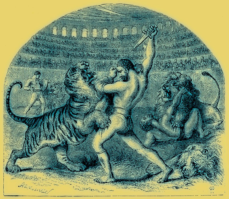 Combat of Gladiators with Wild Animals, illustration från The Illustrated History of the World, publicerad ca 1880 (digitalt förbättrad bild) av English School