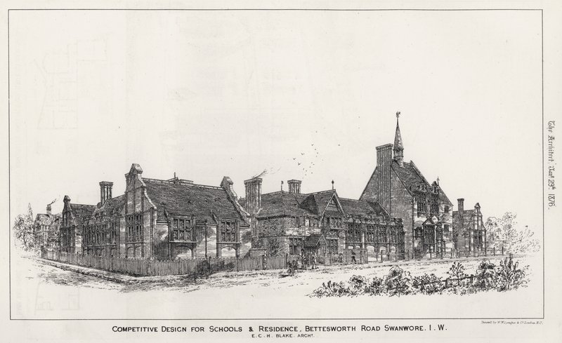 Konkurrenskraftig design för skolor och bostäder, Bettesworth Road, Swanwore, Isle of Wight (gravyr) av English School
