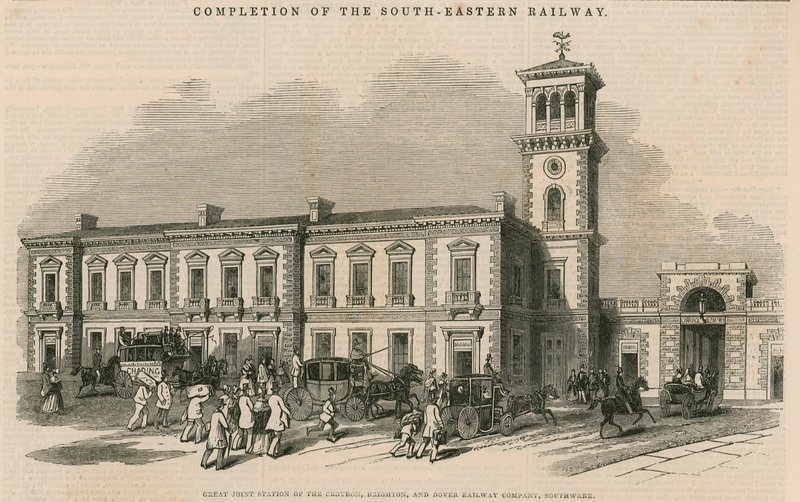 Färdigställande av South-Eastern Railway: Stor gemensam station för Croydon, Brighton och Dover Railway Company, Southwark, London av English School