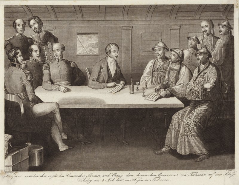 Konferens på Chusan mellan Commodore Bremer och en kinesisk tjänsteman på HMS Wellesley 4 juli 1841 av English School