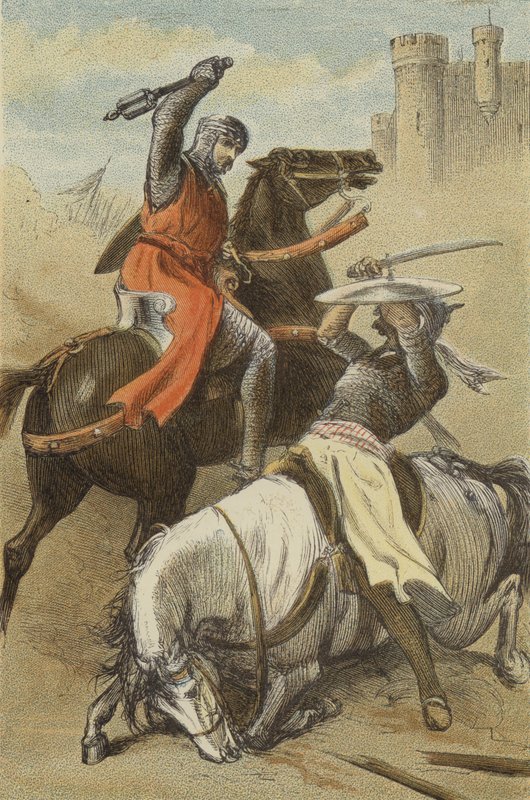 Konflikt mellan Godfrey de Bouillon och saracenerna, i Antiochia (färgad gravyr) av English School