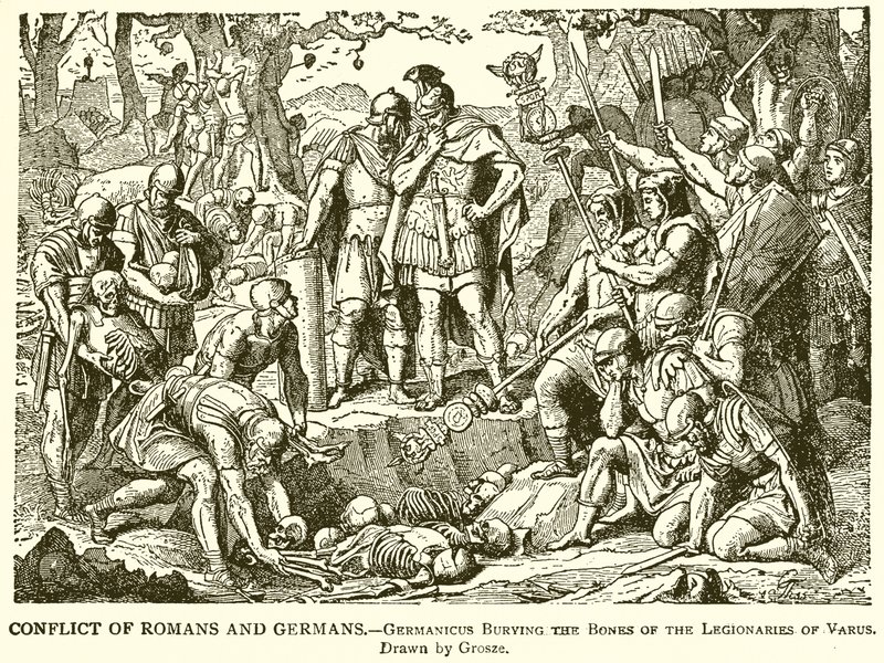Konflikt mellan romare och tyskar.--Germanicus begraver benen av Varus legionärer av English School
