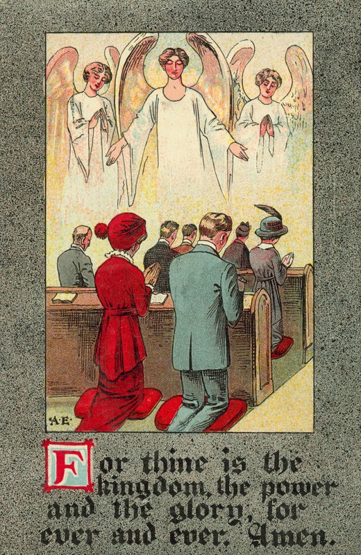 Församling som reciterar Herrens bön (färg litho) av English School