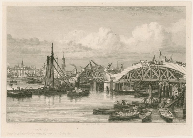 Byggandet av den nya London Bridge, 26 juli 1827 av English School