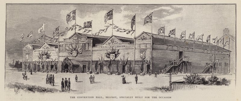 Convention Hall, Belfast, byggd för Ulster Unionist Convention 1892, hölls för att demonstrera Ulster Unionists motstånd mot irländskt hemmastyre (litho) av English School