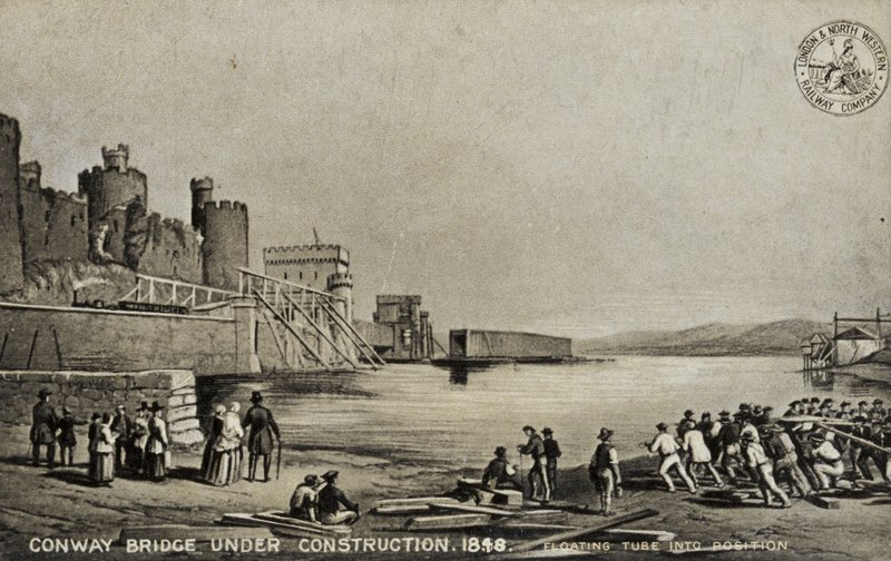 Conway Bridge under konstruktion, 1848 av English School