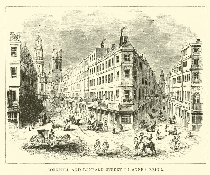 Cornhill och Lombard Street i Annes regerar av English School
