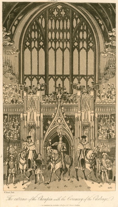 Kröningsbankett för kung George IV i Westminster Hall, 17 juli 1821; Mästarens inträde med Ceremony of the Challenge av English School