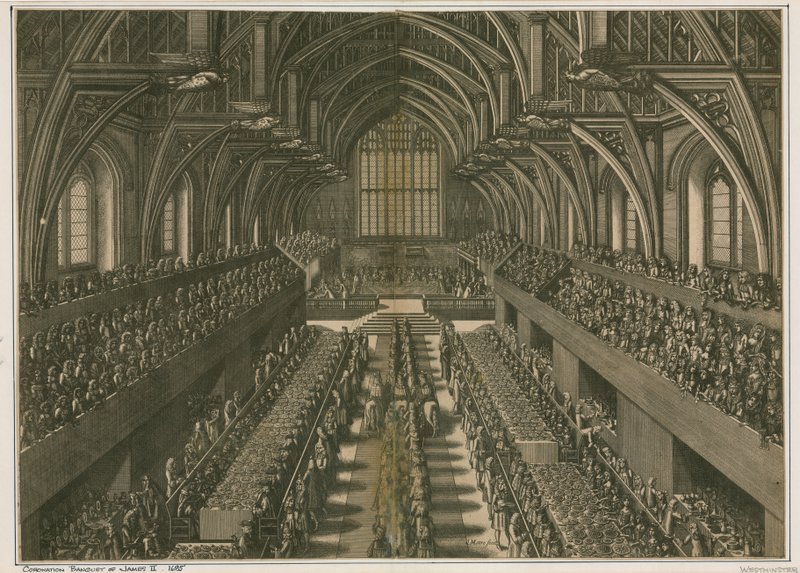 Kröningsbankett av James II, 1685, i Westminster Hall, London av English School