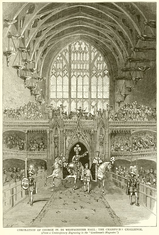 Kröning av Georg IV. i Westminster Hall: The Champions Challenge av English School