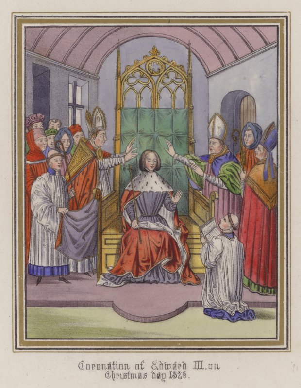 Kröning av kung Edward III på juldagen 1326 (färgad gravyr) av English School