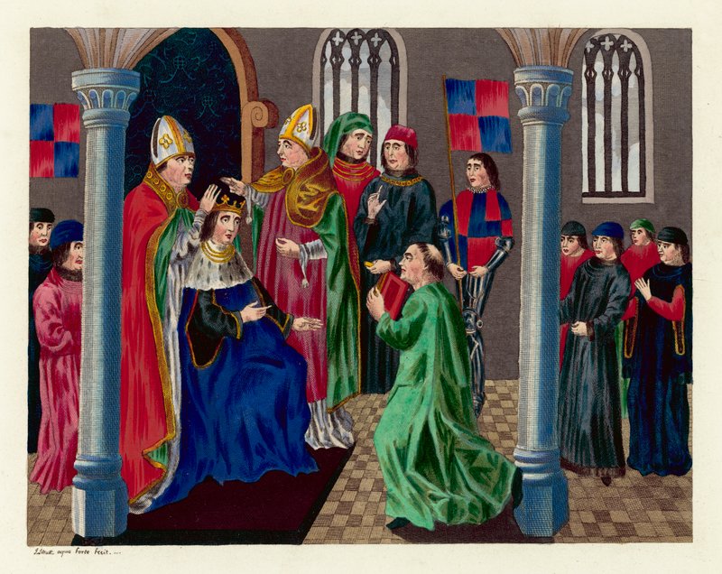 Kröning av kung Henrik IV (färgad gravyr) av English School