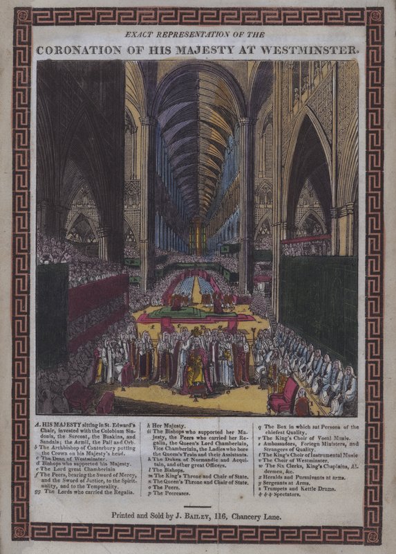 Kröning av hans majestät [dvs. George III] i Westminster (färgat träsnitt) av English School