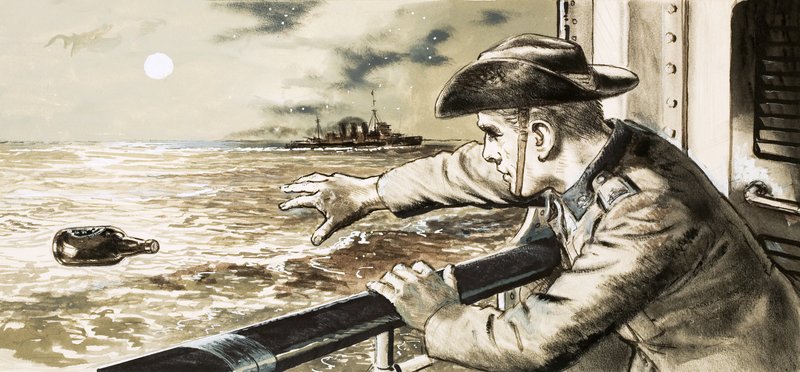Korpral Martin Young skickar ett meddelande i en flaska. av English School