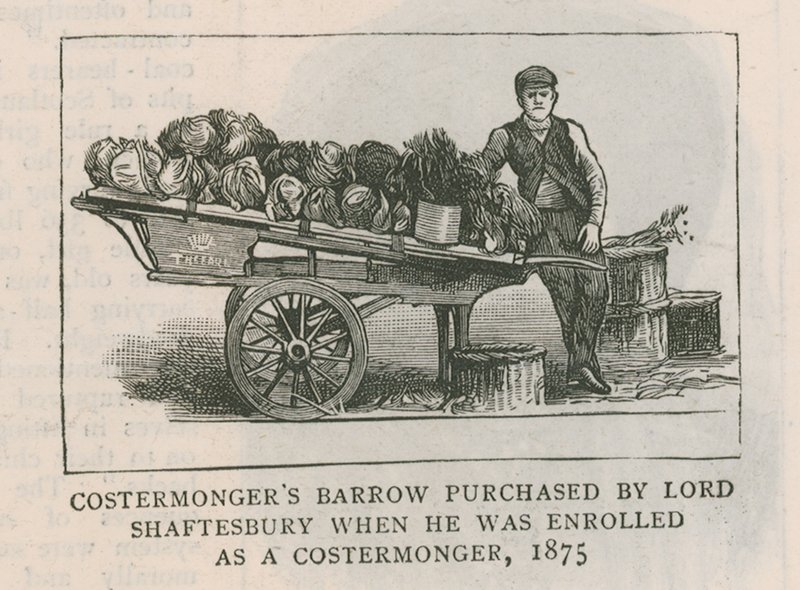 Costermongers barrow köpt av Lord Shaftesbury när han skrevs in som costermonger, 1875 av English School