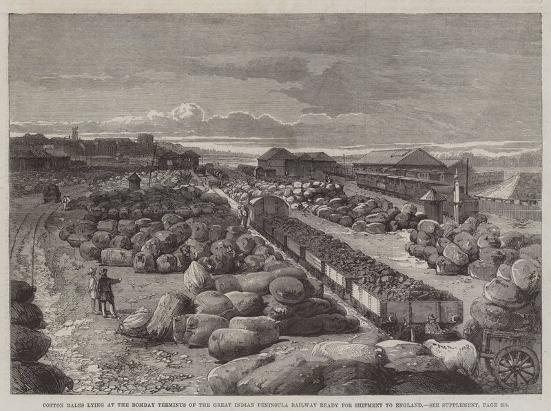 Bomullsbalar som ligger vid Bombay Terminus of the Great Indian Peninsula Railway redo för leverans till England (gravyr) av English School