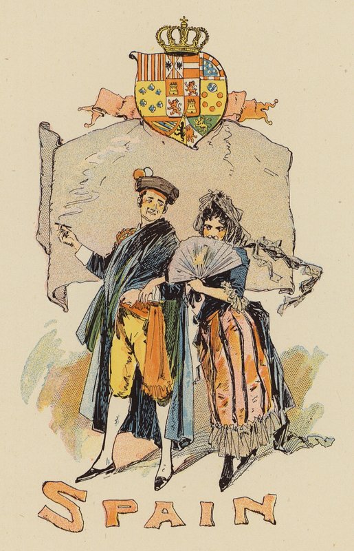 Par i spansk kostym (färg litho) av English School