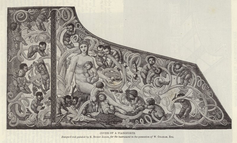 Omslag av en pianoforte designad och målad av Edward Burne-Jones av English School