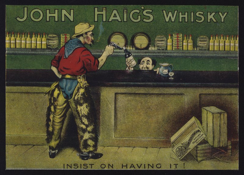 Cowboy i en salong, reklam för John Haigs whisky av English School