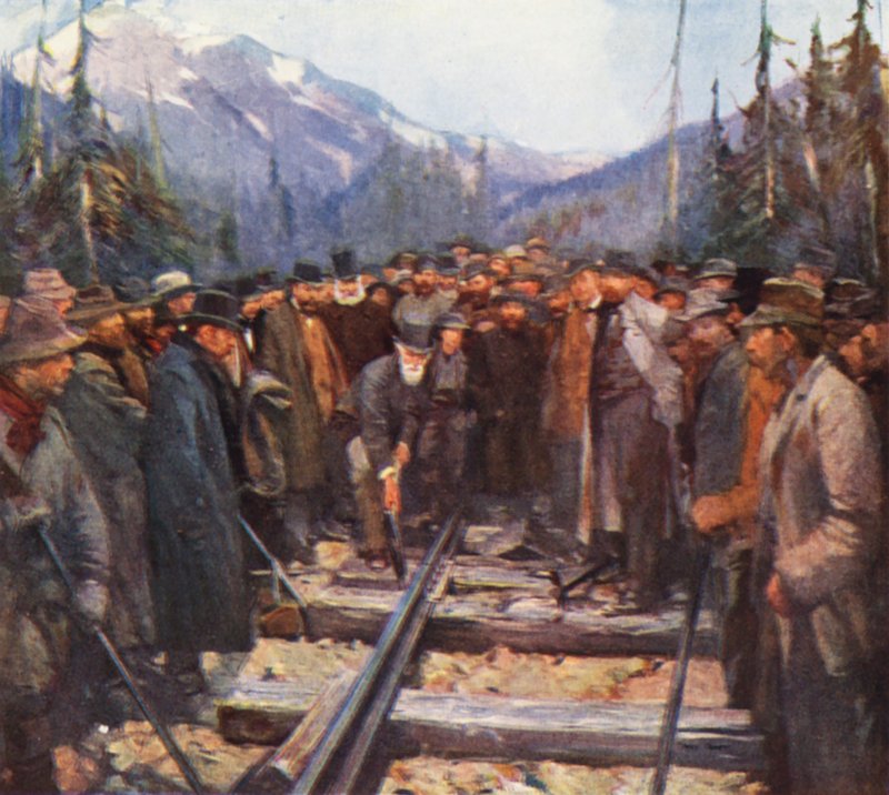 Craigellachie, som slår i den sista spiken på Canadian Pacific Railway (färglitografi) av English School