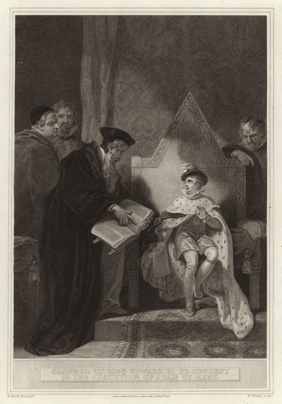 Cranmer uppmanar Edward VI att samtycka till avrättningen av Jeanne av Kent av English School