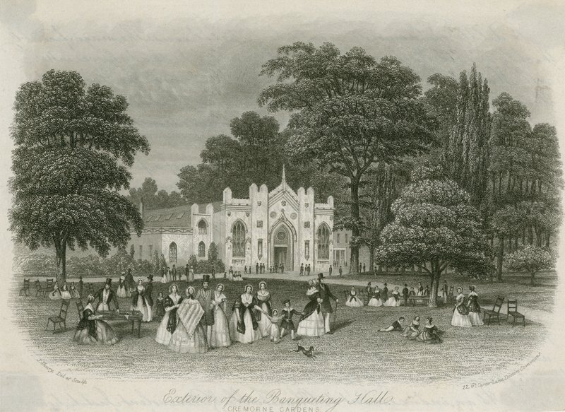 Cremorne Gardens, London: utsidan av banketthallen av English School