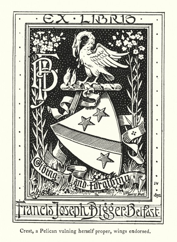 Crest, en pelikan som på ett riktigt sätt vulgar sig, vingar påskrivna (gravyr) av English School
