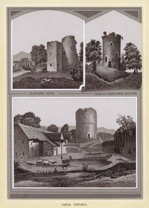 Crickhowel slott; Bronllys slott nära Talgarth; Castle Tretower (litho) av English School
